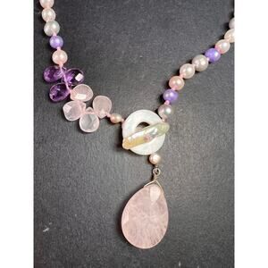 NEW multi color freshwater pearl, rose quartz and amethyst necklace